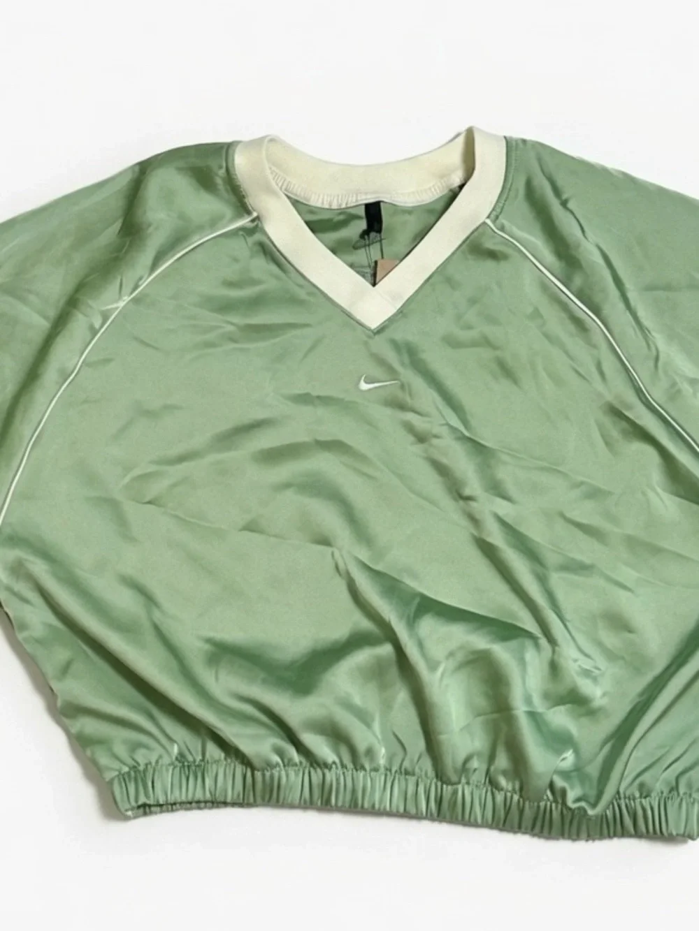 Nike Sage Green Cropped V-Neck Athletic Top with White Trim